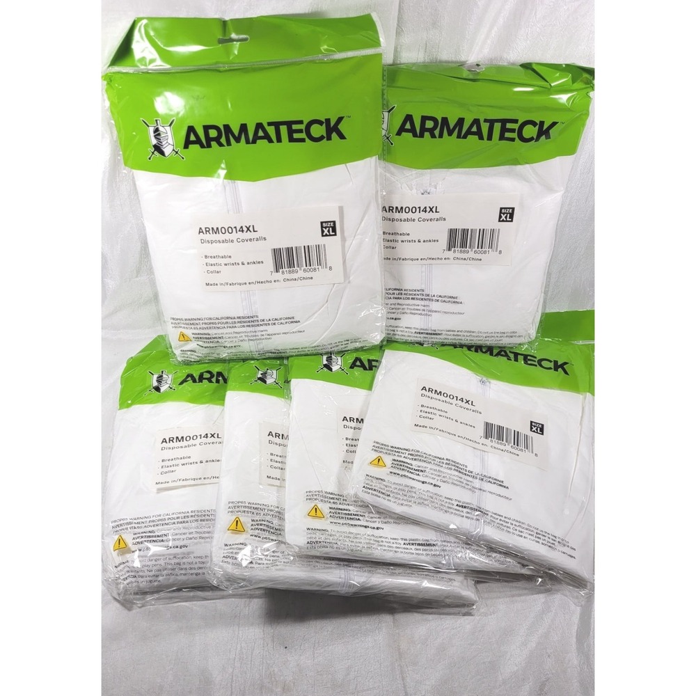 LOT: 6 Armateck ARM0014 Disposable Coveralls w/ Elastic Wrists Ankles - White XL